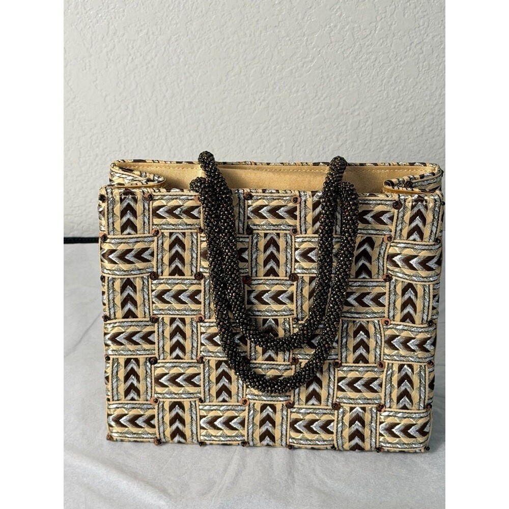 Vintage Vanessa Woven Handbag Beaded Handle Chevron Geometric Tote Purse MINT
